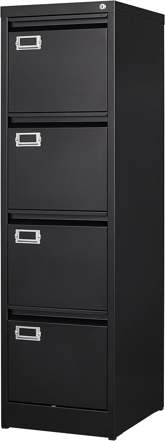 4 Drawer File Cabinet with Lock Metal Vertical File Cabinet Office Home Vertical File Cabinet for A4 Legal/Letter Size Narrow File Cabinet Locked,Assembly Required (Black, 4 Drawers- Vertical)