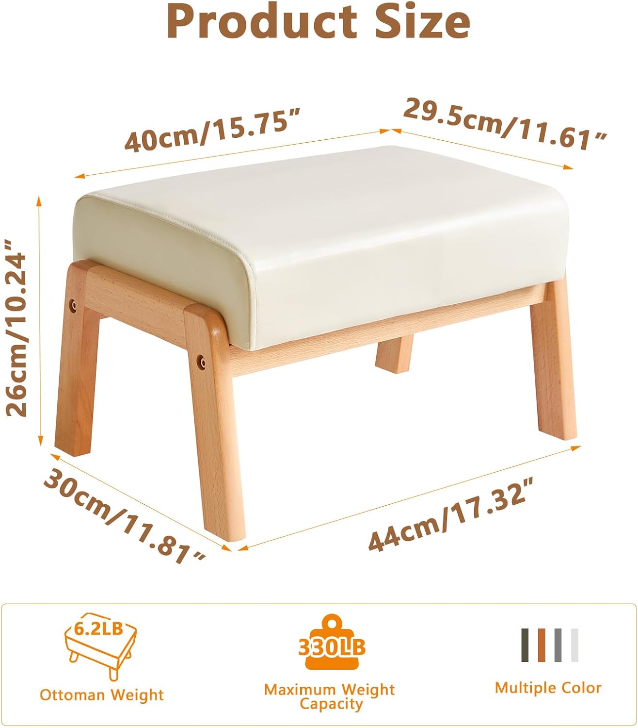 IBUYKE 10.2” H Small Foot Stool Ottoman, Rectangle PU Faux Leather Foot Rest with Padded Seat and Wood Legs, Modern Accent Ottoman Foot Rest for Living Room Bedroom Couch Office, White WBD013W