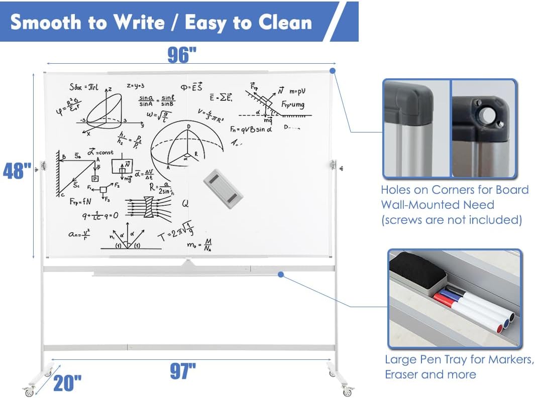 FORTUNO Large Magnetic Mobile Whiteboard 96"x48", Rolling Double Sided Stand Whiteboard on Wheels, Reversible Adjustable Height/Angle Dry Erase Board 8' x 4' Easel White Board for Office Classroom