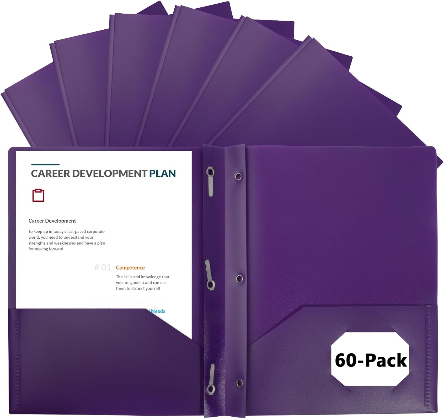 60-Pack Plastic Folders with Pockets and Prongs,2-Pocket Folders with 3 Fasteners, Poly Folders Holds 8-1/2" x 11" Paper for School/Office/Home, Purple