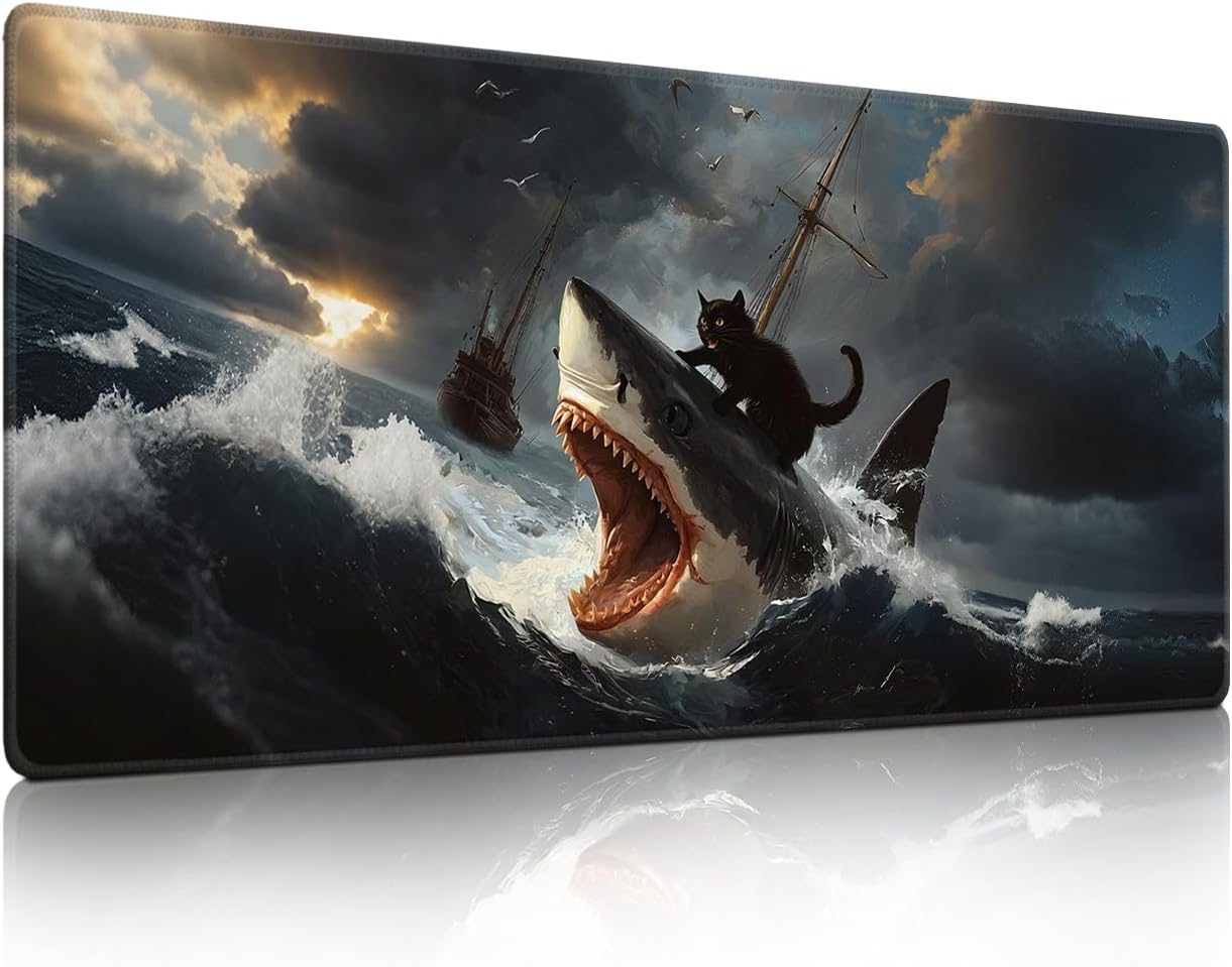 Funny Black Cat Mouse Pad, Abstract Quirky Cat and Shark Mousepad - Large Non-Slip Desk Mat for Office, PC & Laptop - 35.5"x15.7" x 3mm