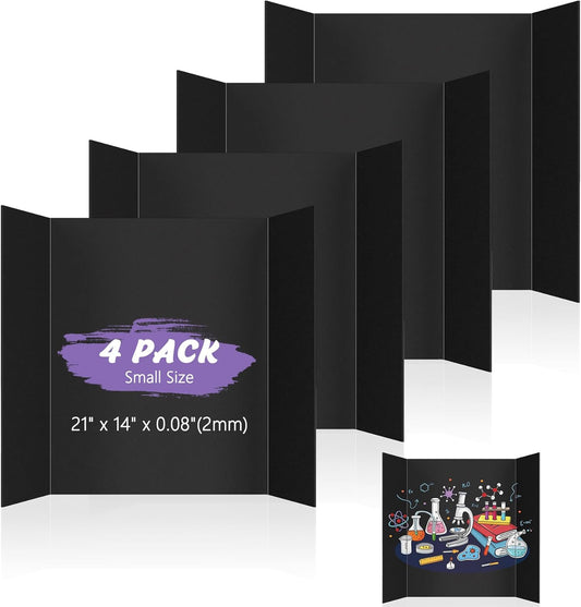 4 Pack Small Trifold Poster Board 21" x 14" Tri Fold Poster Boards Black Corrugated Cardboard Project Boards for Presentations, School Projects, Science Fair, Exhibition Event Display