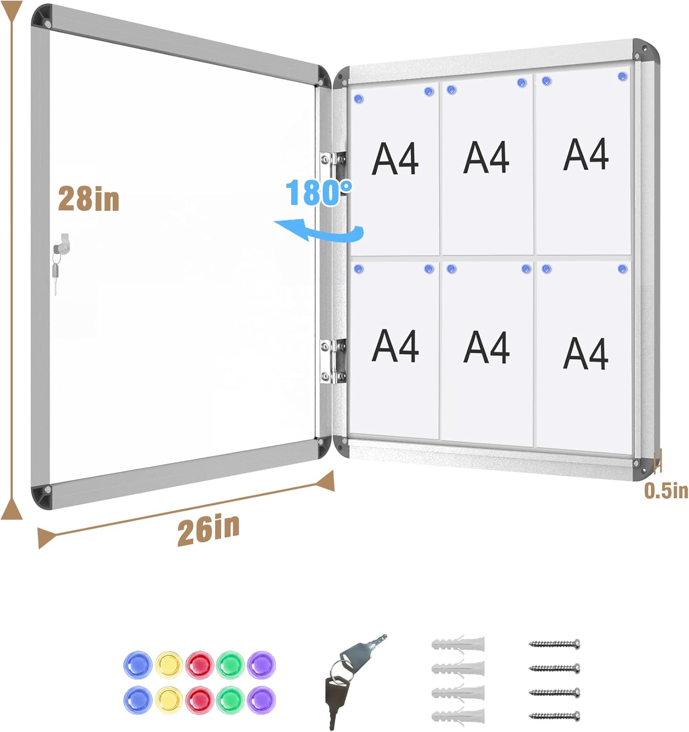 28"x26" Enclosed Bulletin Board, Lockable Weather-Resistant Aluminum Noticeboard for School & Office, Silver Frame w/Magentic Whiteboard