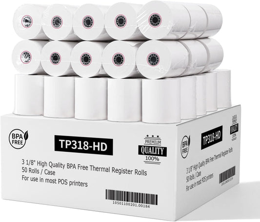 3 1/8 x 230 Thermal Paper Receipt Rolls (50 Pack) 55 GSM Premium Quality, BPA Free Receipt Paper Compatible with Most POS Systems, Cash Registers, Thermal Receipt Rolls