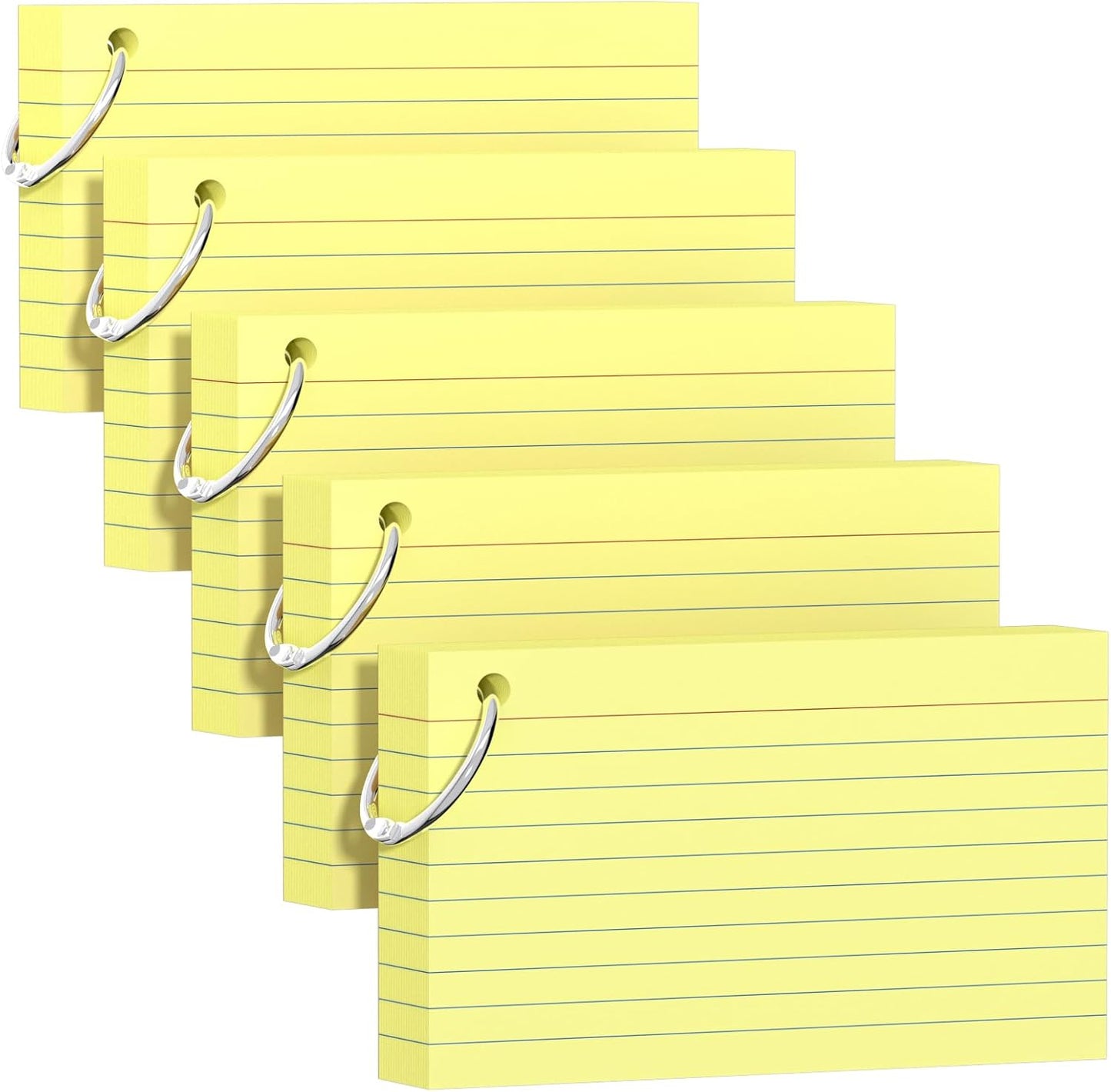 250 Count Yellow Index Cards 3x5 Inch with Key Ring, Color Flash Index Card (50 Sheets Each), Durable & Portable Note Taking for Students, Teachers, Study Note Cards for Office Home School
