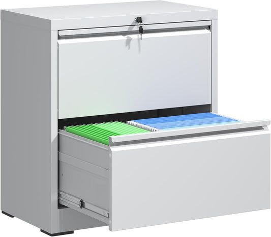 2 Drawer Lateral File Cabinet with Lock, 26.8" Wide Metal Filing Cabinets for Home Office, Steel Storage File Cabinet for Letter/Legal/F4/A4 Size with Hanging Bars, Assembly Required(White)