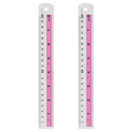 HARFINGTON 2pcs Metal Straight Ruler 20cm Metric SAE Aluminum Alloy Measuring Rulers Scale Tools with Hole for Measure Study Reading Classroom Office, Pink