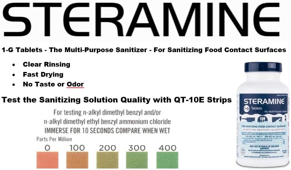2 Bottles Steramine Sanitizer Tablet 15xQT-10 Test Strip, Multi Purpose Steramine Sanitizing Tab for Food Contact Surface Kitchen, Restaurant, Diner & Food Service by FryOilSaver Co. (300 Tablets)
