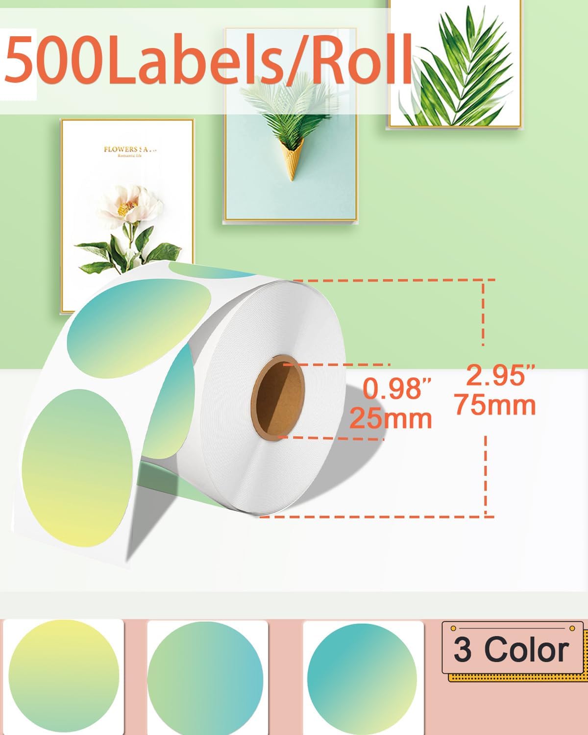 2 inch Round Thermal Labels, Thermal Printer Labels Sticker use for Barcode, Shipping, Customized, Circle Direct Thermal Stickers 500 PCS/1 Roll, Gradient Green