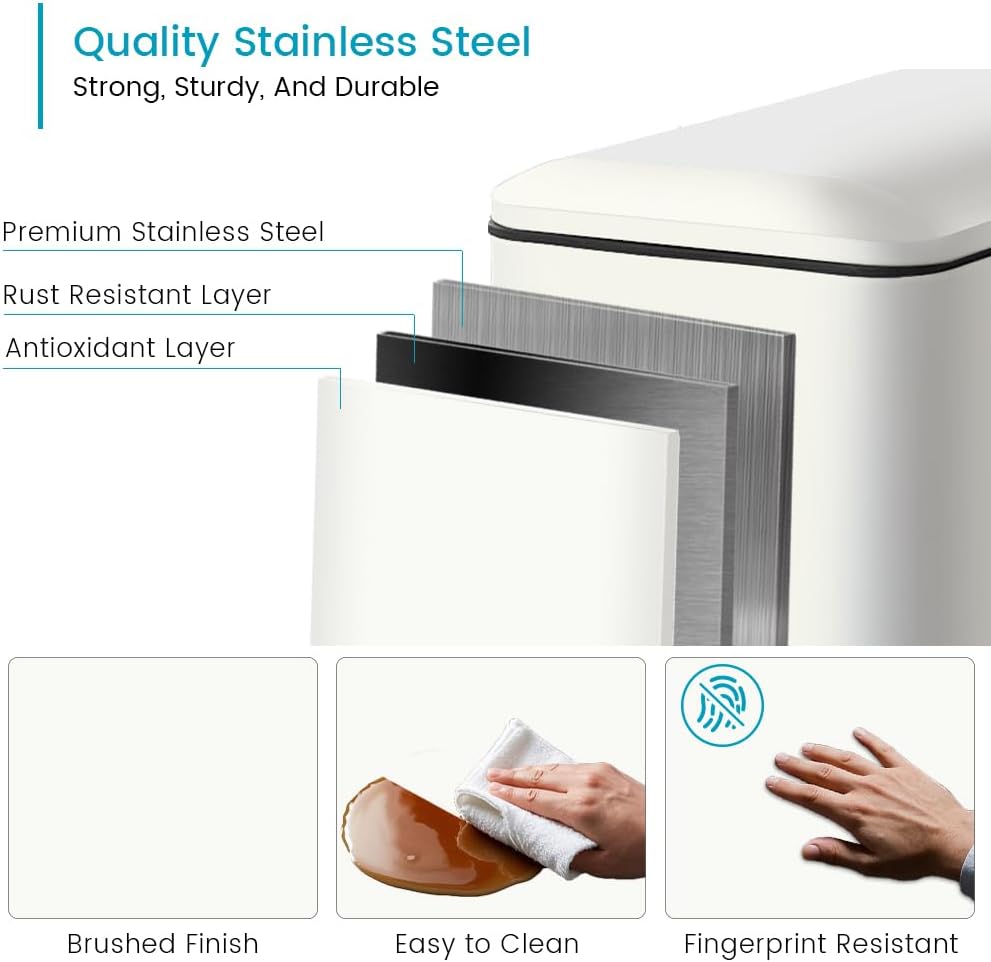 12 Gallon Slim Kitchen Trash Can, Rectangular Trash Can with Removal Inner Bucket and Soft-Close Lid, Foot Pedal, Stainless Steel Garbage Can 45 Liter, White