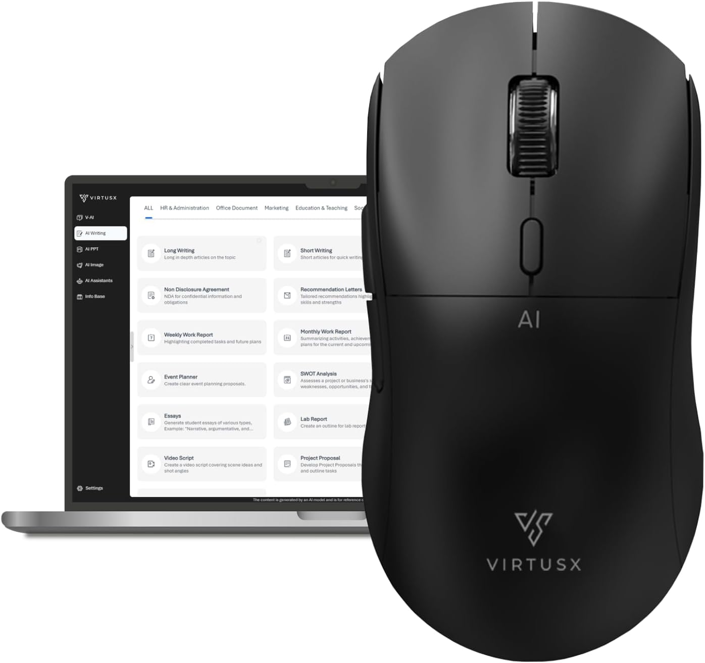 Virtusx AI Mouse, Jethro V1 – AI Voice & Audio Recorder, Note Taking Mouse for Computer & Laptop with Centralized AI Software, AI Writing Tools, Voice Typing, Transcribe, Translate & Summarize