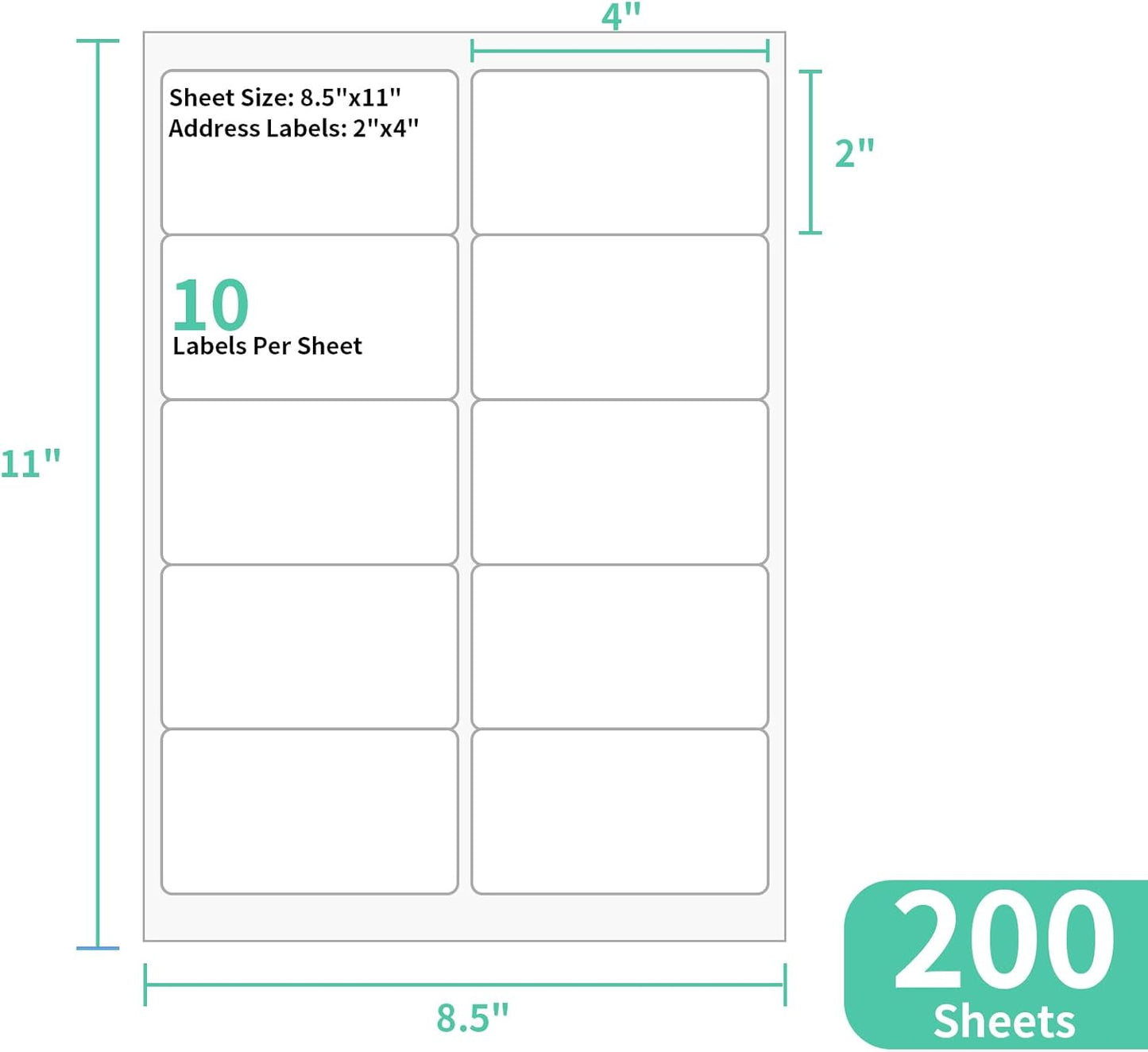 200 Sheets 10 up Labels, 2" x 4" Sticker Printer Paper for Laser/Inkjet Printer, Mailing Blank Labels, Self Adhesive Customizable