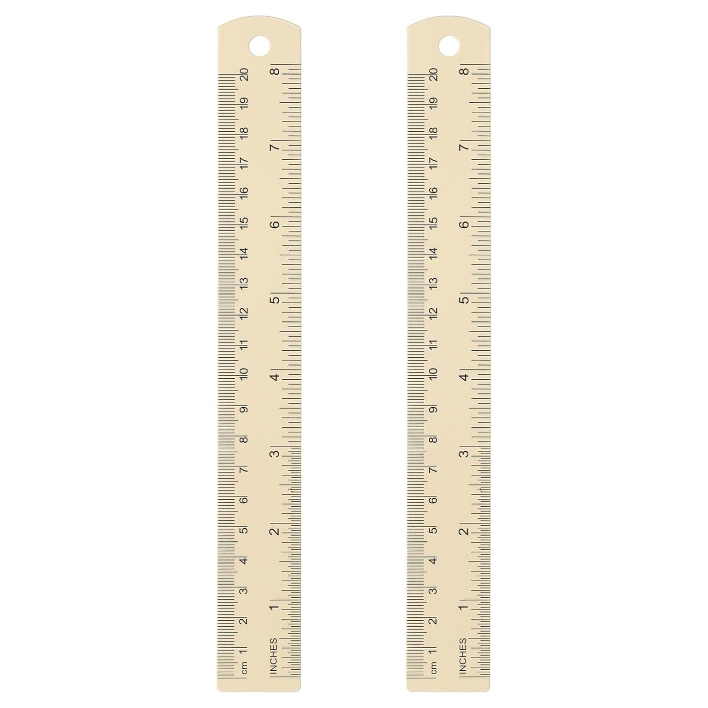 HARFINGTON 2pcs Metal Straight Ruler 20cm Metric SAE Aluminum Alloy Measuring Rulers Scale Tool with Hole for Measure Study Reading Classroom Office, Beige