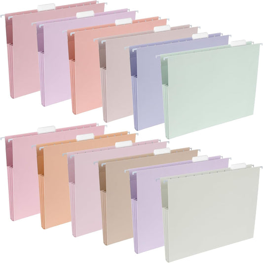 gisgfim 12 Pack Pastel Expanding Hanging File Folders Letter Size Insertable 1/5 Cut Tabs for Filing Cabinets Extra Capacity File Folders Hanging Organizer for Desk Home Office School