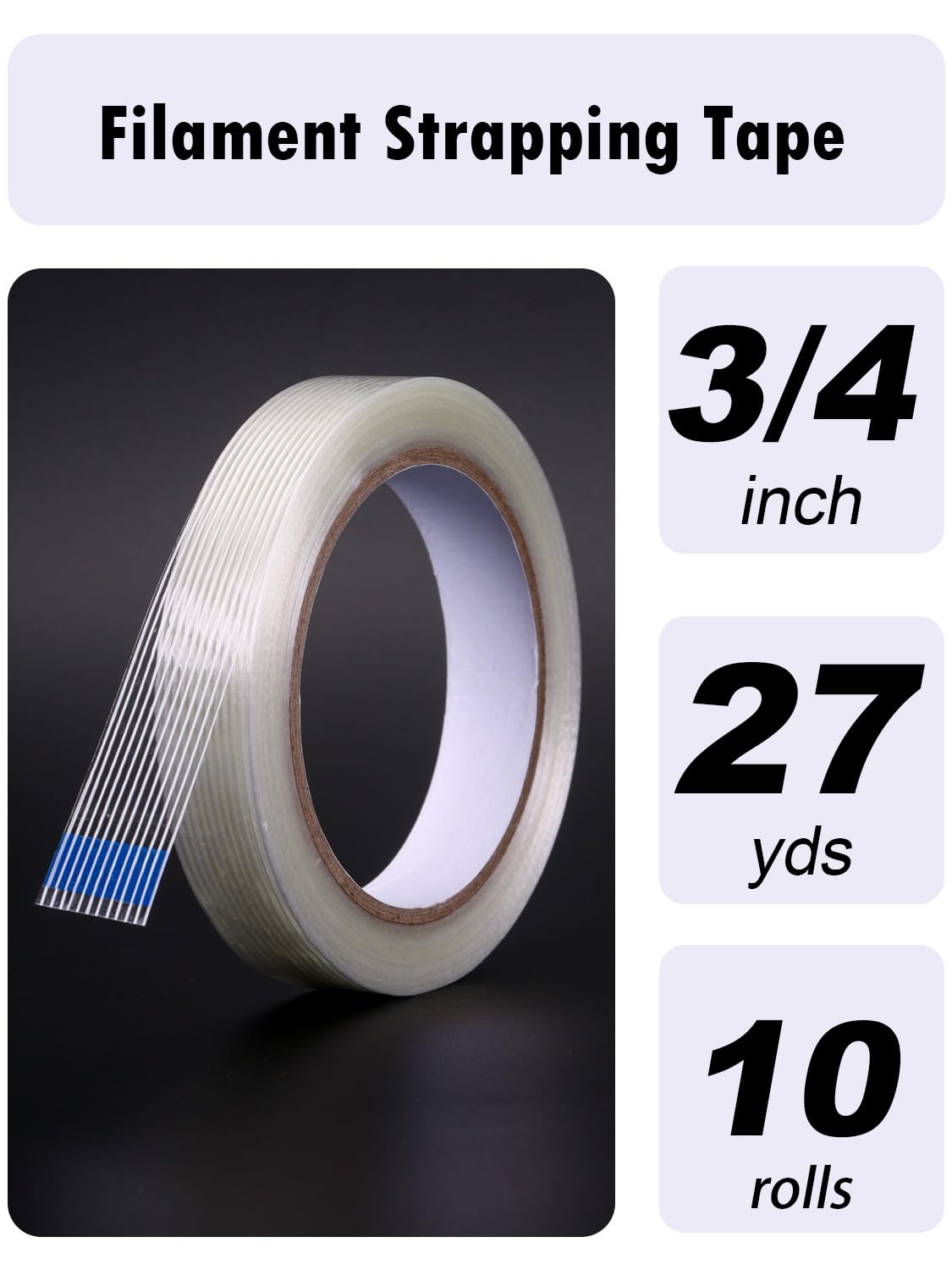 10 Pack 3/4 in×27YDS, Filament Strapping Tape, 270yds Total, Clear Fiberglass Reinforced Packing, Heavy Duty Wearproof Tape, Extra Thickness 5.5 mil