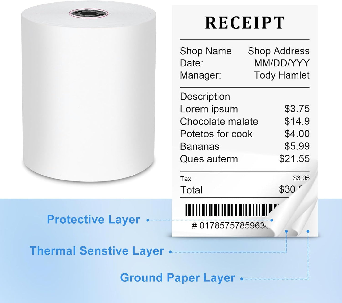 3 1/8 x 230 Thermal Paper Receipt Rolls (50 Pack) 55 GSM Premium Quality, BPA Free Receipt Paper Compatible with Most POS Systems, Cash Registers, Thermal Receipt Rolls