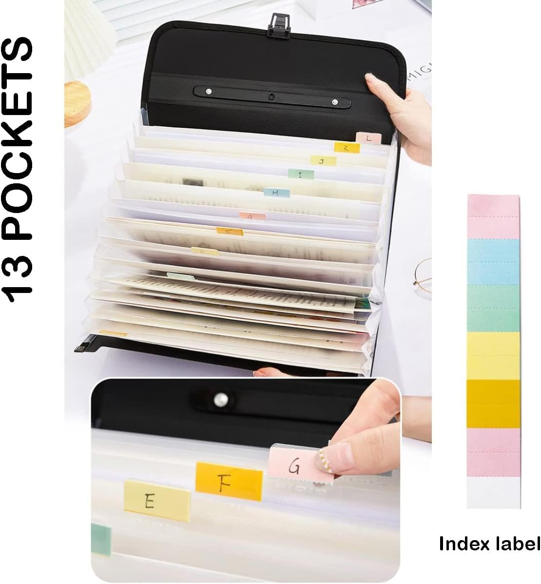 12 Pockets Letter Size/A4 Accordion File Organizer with Handle, TRANBO Expanding File Folder, Portable Paper Organizer, Expandable Plastic Document Organizer for Travel School Office - Black