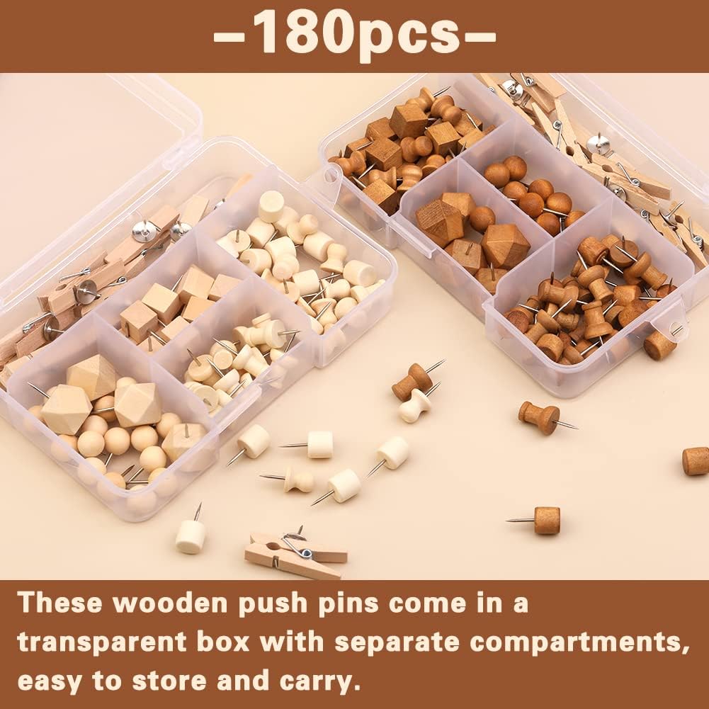 180 Pcs Wood Push Pins, 2 Colors and 7 Types Decorative Thumb Tacks Wooden Head Pin Map Tacks Marking Pin, Wood Thumb Tacks Decorative for Bulletin Boards Craft Projects with Storage Box