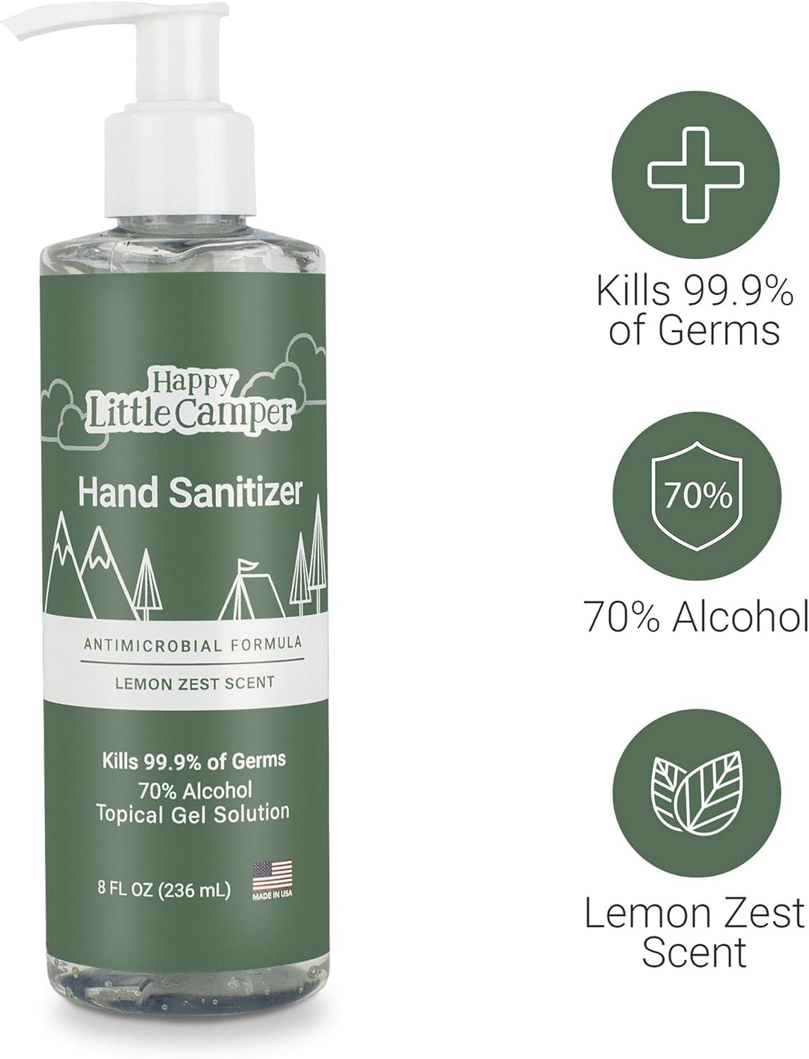 Happy Little Camper Hand Sanitizer with Lemon Zest Scent - Moisturizing Gel with Vitamin E & Antimicrobial Formula- Contains 70% Ethyl Alcohol - Travel Size, Made in USA - 2x 8oz bottles