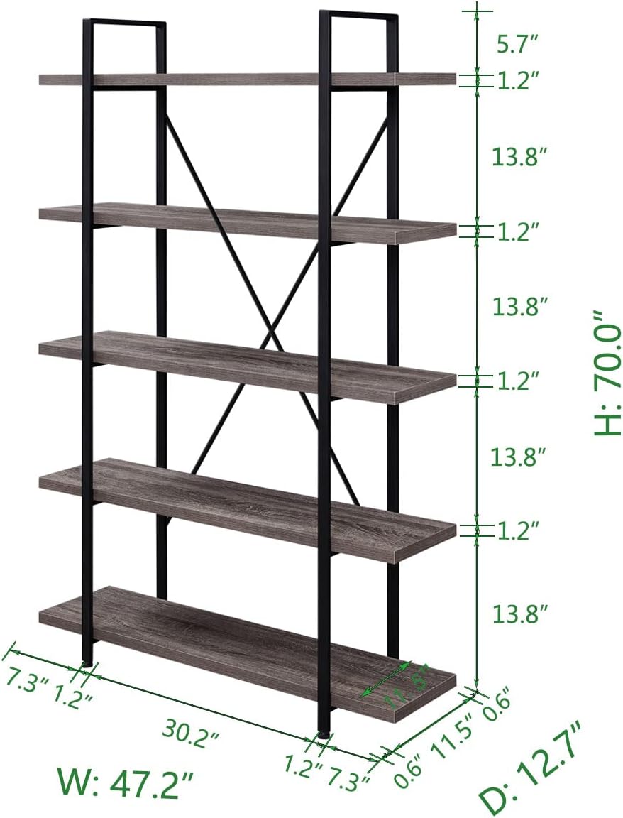 HSH 5-Shelf Vintage Industrial Rustic Bookshelf, 5 Tier Wood and Metal Bookcase, Open Etagere Book Shelf, Farmhouse Wooden Bookshelves, Light Grey Oak