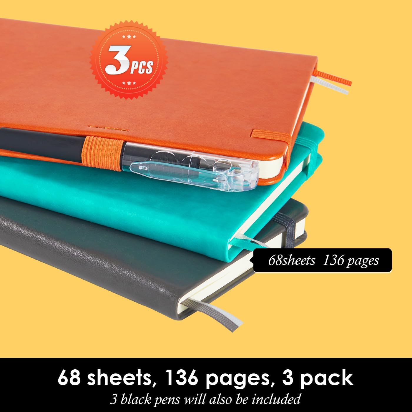 3 Pack Pocket Notebook Notepad with Pen, Mini Small Journal Notebook 3.7" x 5.7" for Women Writing, 408 Pages, Grey Orange Emerald