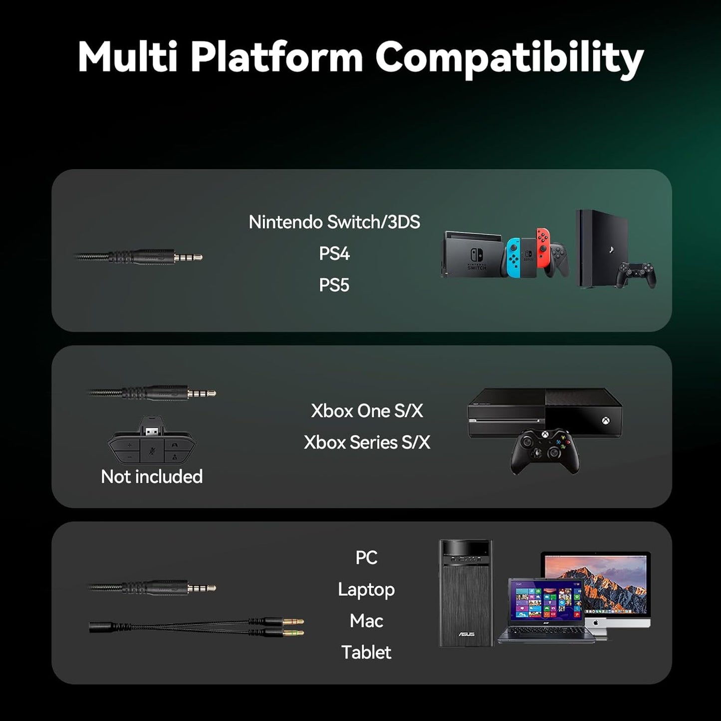 Gaming Headset with Microphone for Pc, Xbox One Series X/s, Ps4, Ps5, Switch, Stereo Wired Noise Cancelling Over-Ear Headphones with Mic, RGB, for Computer, Laptop, Mac, Nintendo, Gamer (Green)