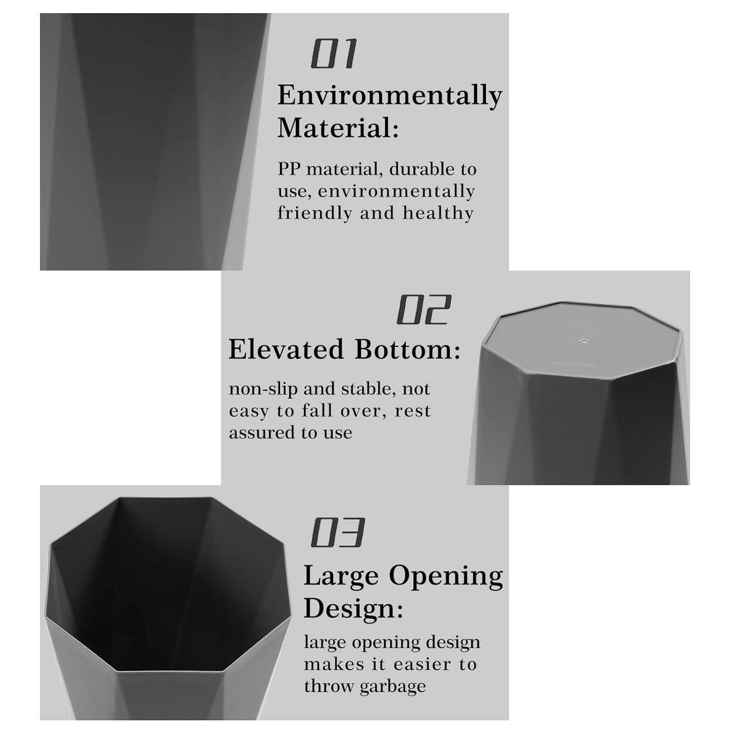 12L Trash Can Wastebasket Plastic Trash Bin Garbage Container Rubbish Can Paper Basket Office Organizer for Bedroom Home Office, 6 Grey