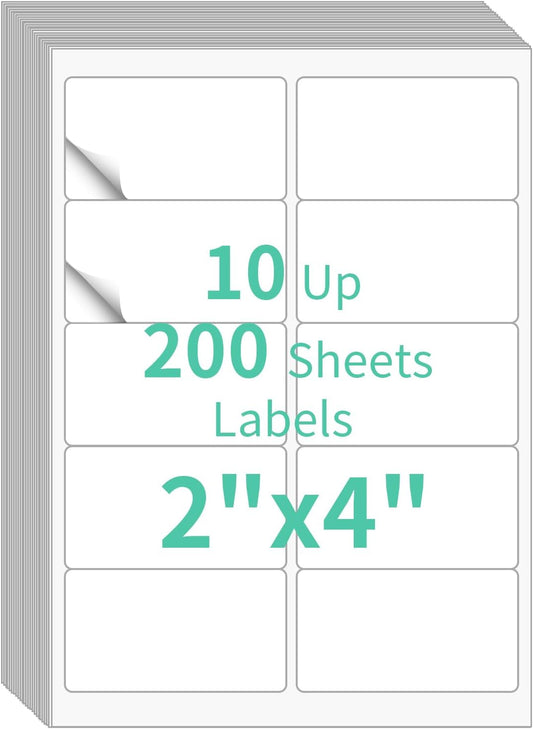 200 Sheets 10 up Labels, 2" x 4" Sticker Printer Paper for Laser/Inkjet Printer, Mailing Blank Labels, Self Adhesive Customizable