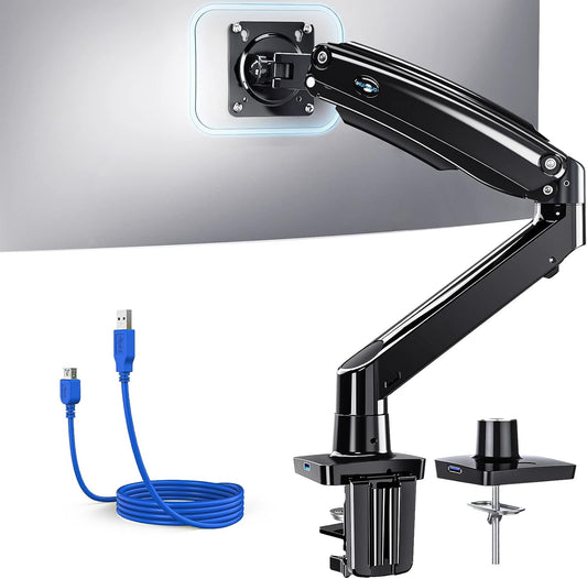 HUANUO Single Monitor Arm for 40 inch Screens, Ultrawide Computer Monitor Mount Holds 26.48 lbs, Upgraded Adjustable Stand with USB, C-Clamp & Grommet Base, VESA 75x75 or 100x100mm