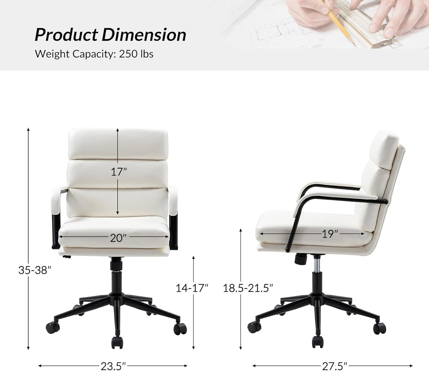 HULALA HOME Modern Faux Leather Home Office Chair with Tilt Lock & Metal Base, Desk Chair with Wheels & Padded Cushion, 360° Swivel Wide Seat Computer Task Chair, White