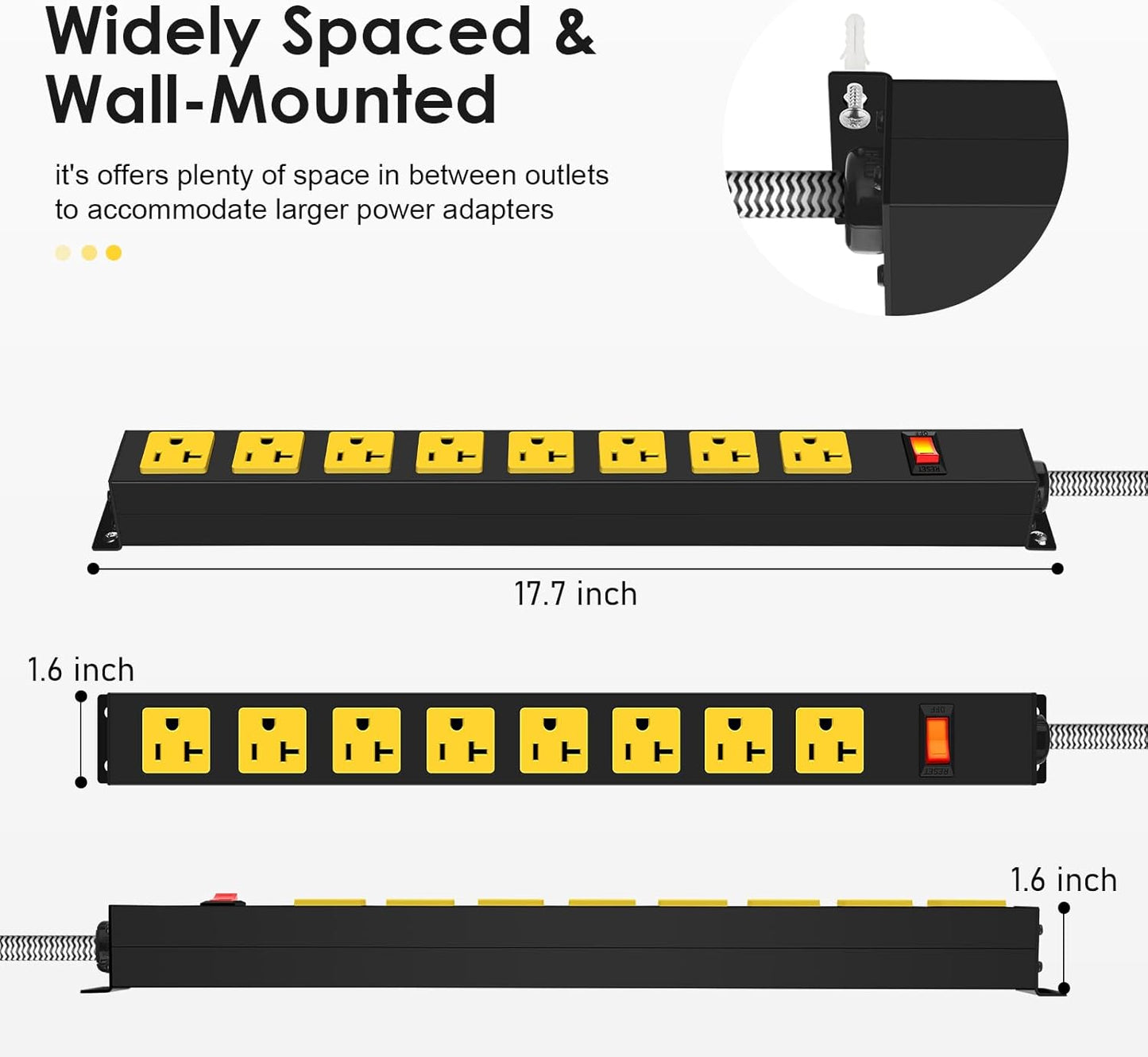 20Amp Power Strip Surge Protector, Durable Metal 8-Outlets with Heavy Duty 20 amp 15Ft 12 Gauge Extension Cord for Garage Workshop & Industrial Use, 1200J