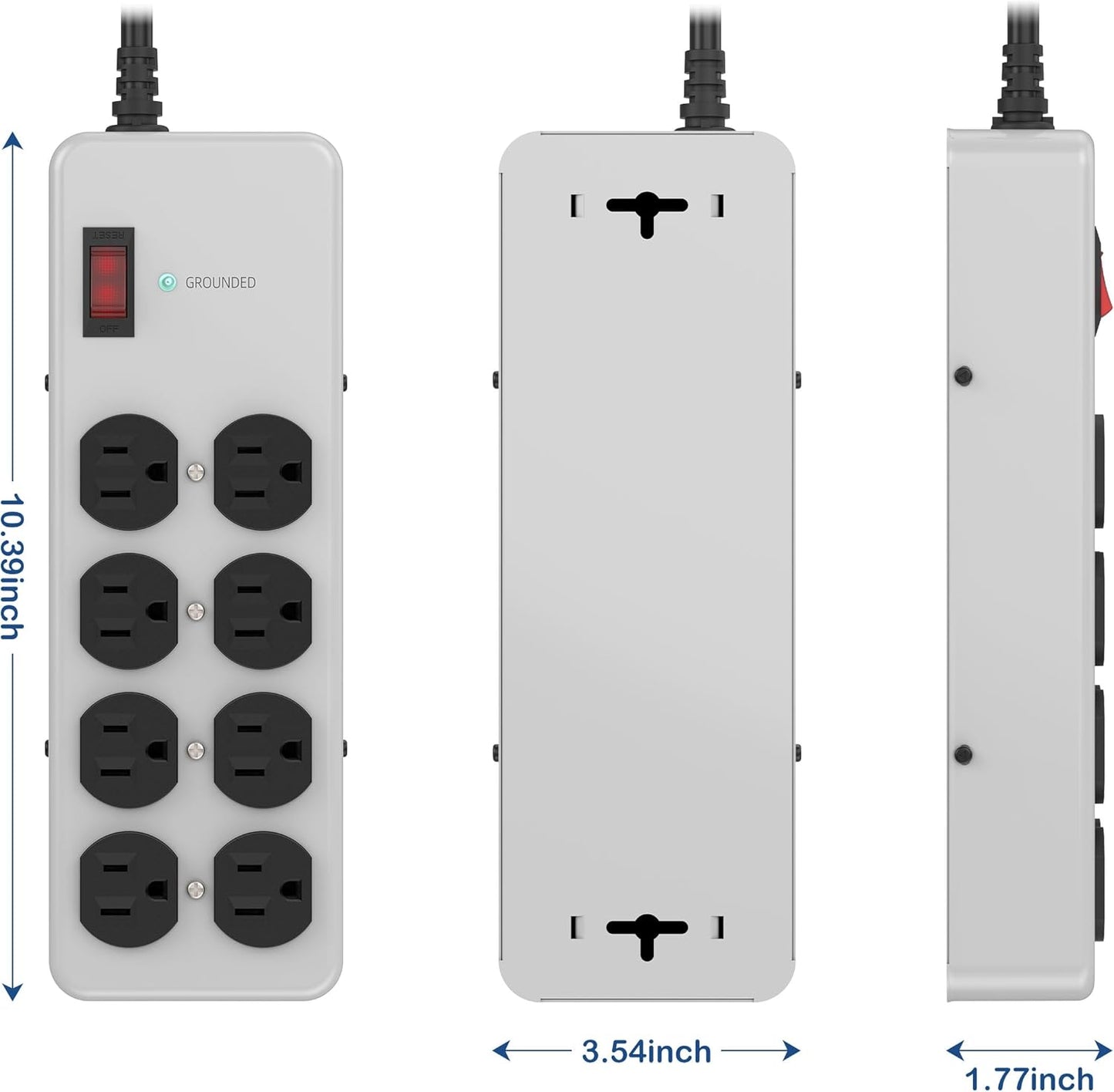 Heavy Duty Power Strip,Industrial Heavy Metal Case Surge Protector,8 AC Outlets,15Amp,2700 Joules,Protected' Indicator,14 Gauge Cord (Grey, 10FT Length)