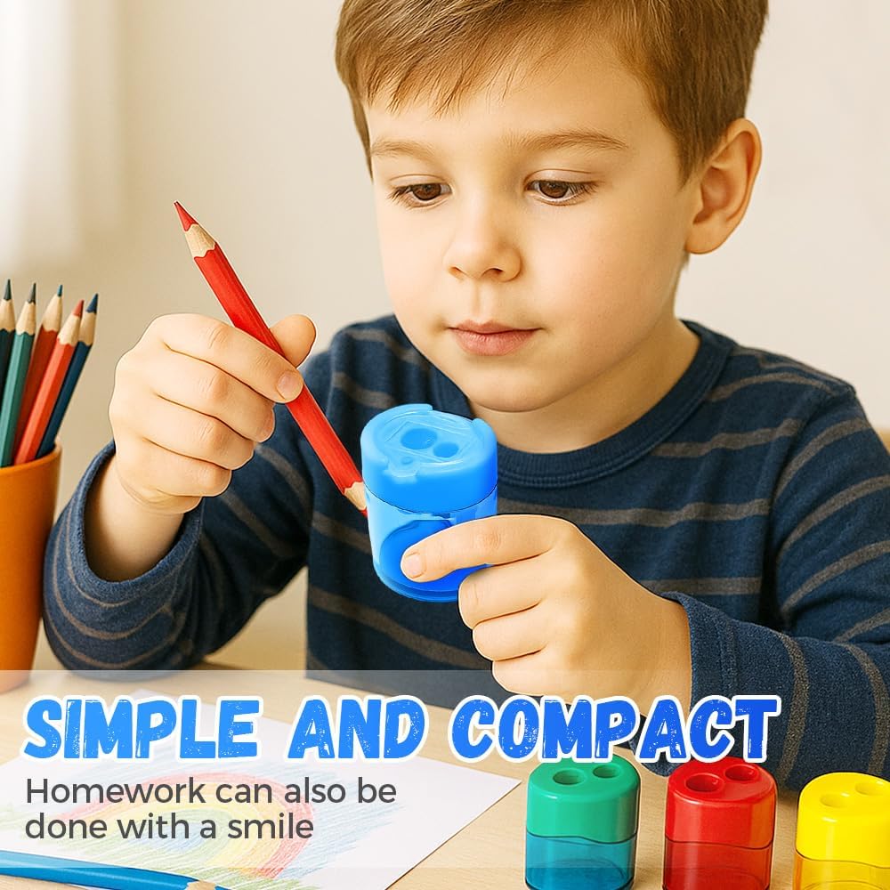 4 Pcs Pencil Sharpeners with Lid, 2025 New Small Dual Hole Manual Pencil Sharpener, Colored Handheld Pencils Sharpener for Classroom Home Office Back to School Supplies (Round)