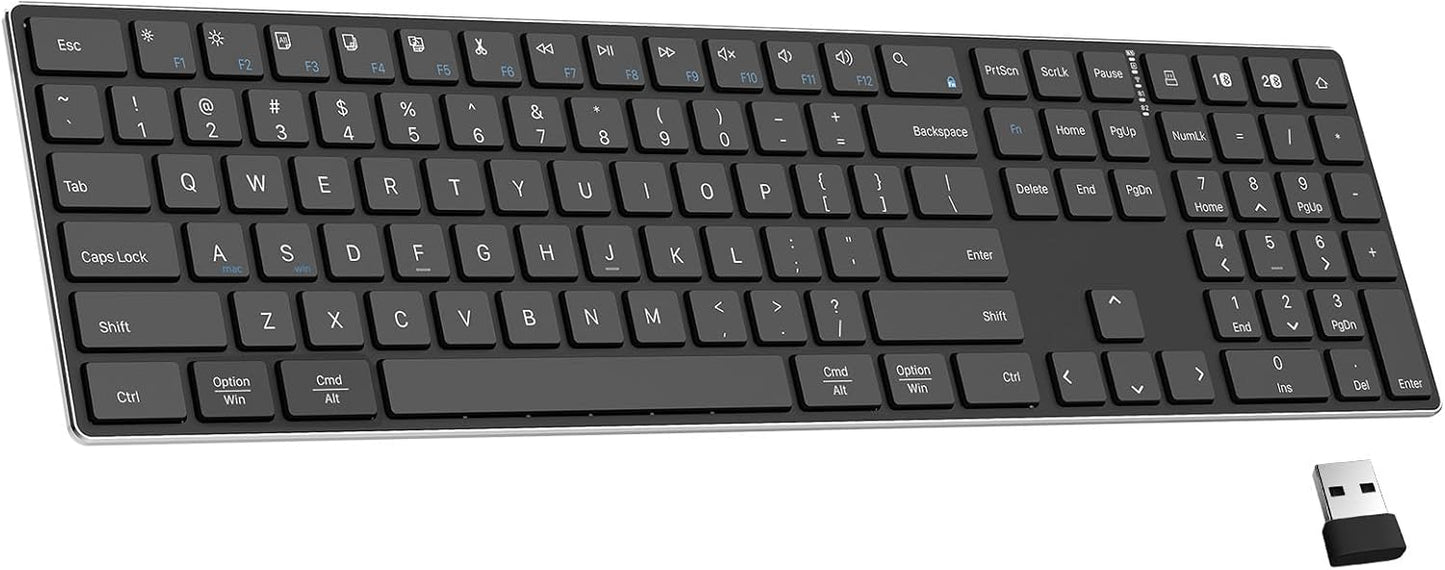 2.4G Wireless and Bluetooth Keyboard with Numeric Keypad, Multi-Device, Rechargeable, Compatible with Mac, Windows (Black)