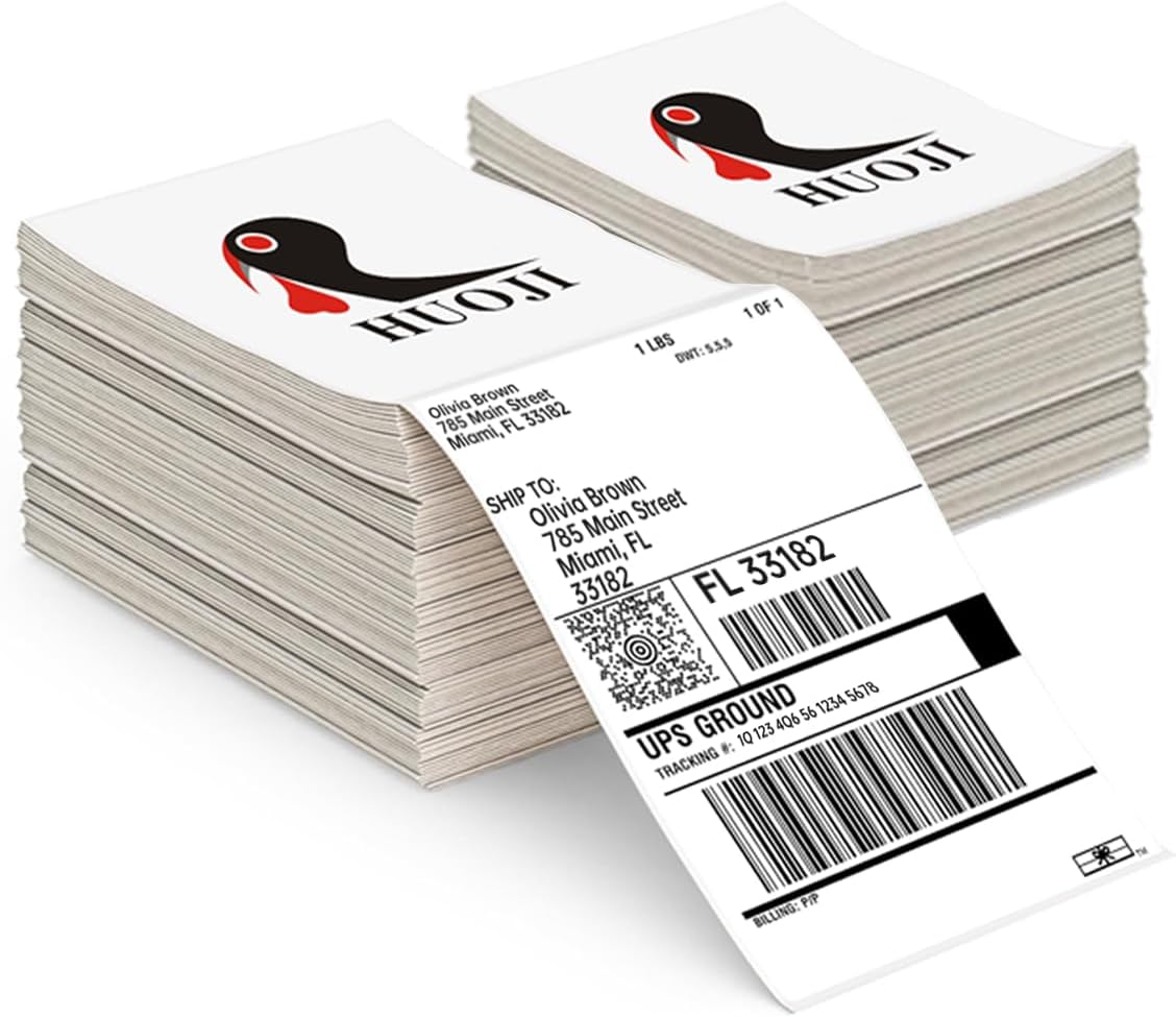 HUOJI 4x6 Direct Thermal Shipping Labels, 2 Stacks 1000 Labels, Fanfold, Compatible with Rollo, Zebra, MUNBYN Printers(Commercial Grade)