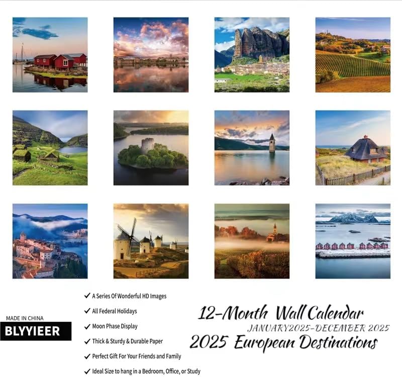 2025 Wall Calendar, European Destinations Wall Calendars,2025 Monthly Calendars,Take a Tour of Europe, Thick Glossy Paper, Organizing & Planning