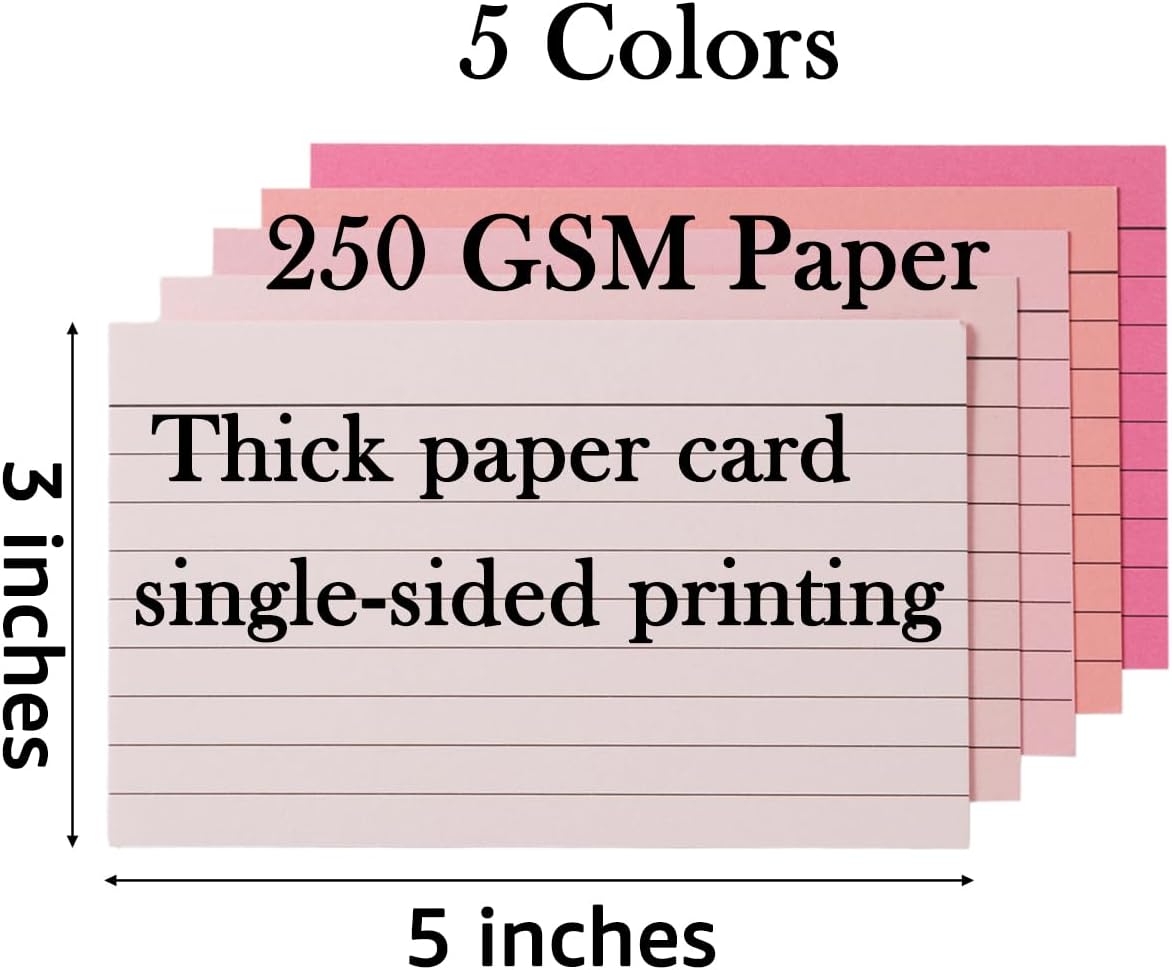 100 Sheets 3x5 Colored Ruled Note Cards Index Cards, 250 GSM Heavy Flashcards, 5 Pink