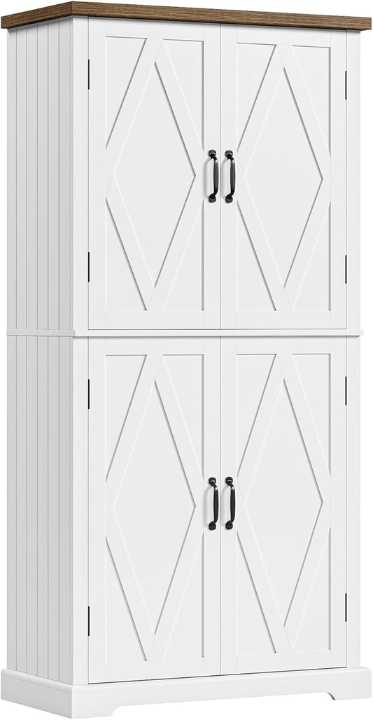 HOSTACK 64" Tall Pantry Cabinet, Modern Farmhouse Kitchen Pantry, Wood Bathroom Storage Cabinet, Large Bookcase, 4 Doors|Adjustable Shelves, for Dining Room, Living Room, Home Office, White