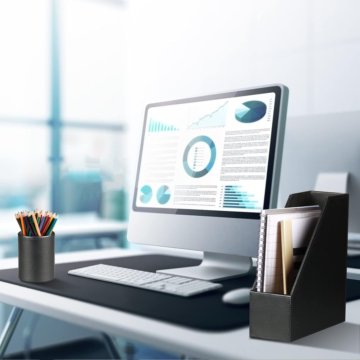 Ayunga PU Leather 6-piece Office Supplies Combination Set,Pencil Cup,Business Card Holder,Sticky Note Dispenser,Mail Sorter,Letter Tray,Files Holder,Suitable for Self-use and Friend Gifts(Black)