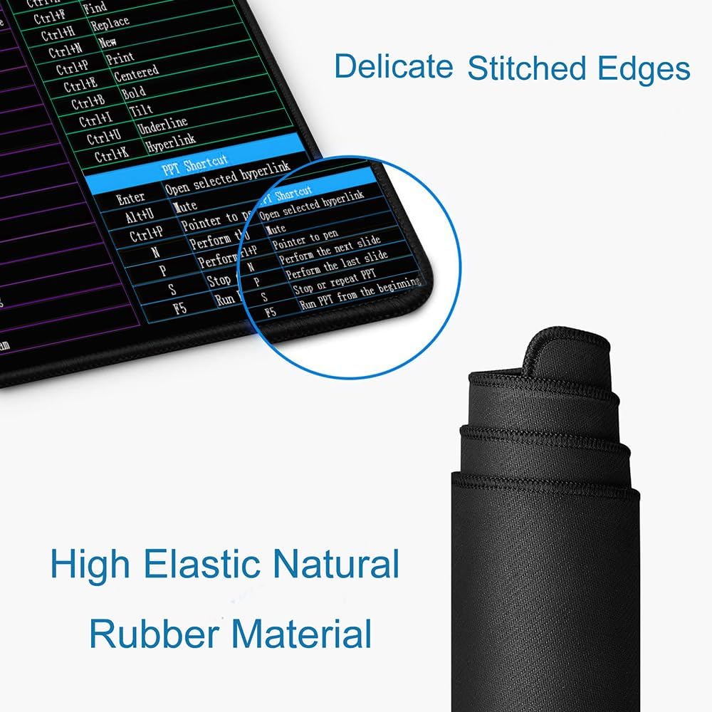 Hokafenle Large XL Mouse Pad, Excel Shortcut Keys Desk Keyboard Mouse Pads, PC Office Spreadsheet Mouse Mat, Non-Slip Stitched Edge Computer Mousepad