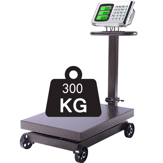 Industrial Platform Scale with Wheels 660lb Computing Digital Floor Scale with Accurate LB/KG Price Calculator High-Definition Displa Foldable Rechargable for Weighing Luggage Package