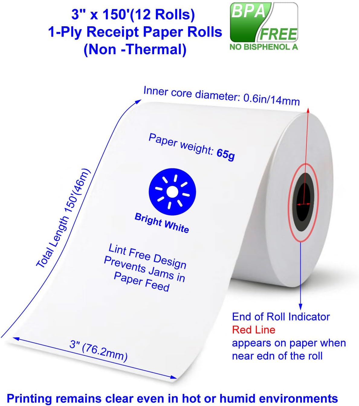 12-Roll Pack 3"x150' Kitchen Receipt Paper - 1-Ply Bond Rolls for Impact Printers (Star SP700/ERC-30/M205), BPA-Free Starter Pack for Food Trucks & Small Restaurants 3000LABELS DIRECT