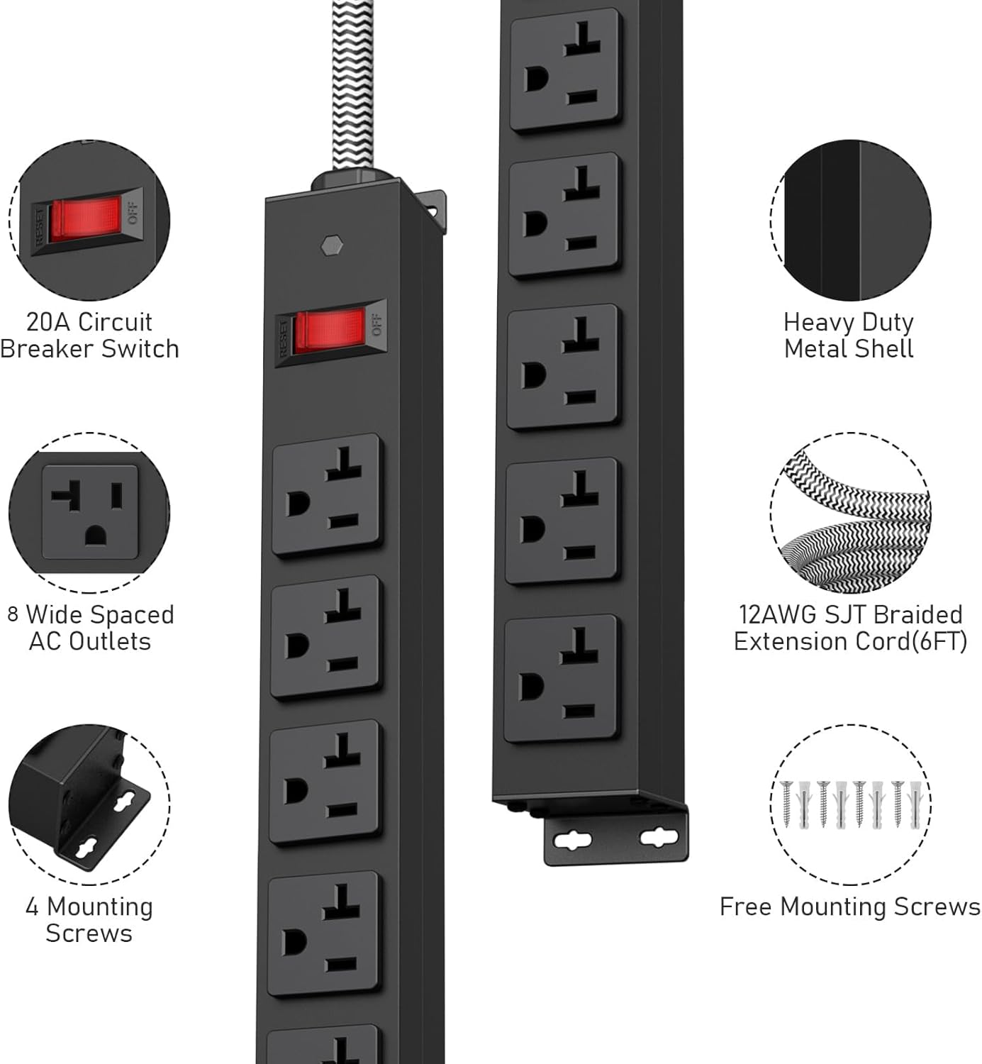 HEZI 20 Amp Power Strip Surge Protector 1200J, Metal 8 Outlets Heavy Duty 20amp, 15Ft 12 Gauge Extension Cord for Appliance Workbench Garage Industrial, Combine with T-Plug Adapter,5-20R T-Slot