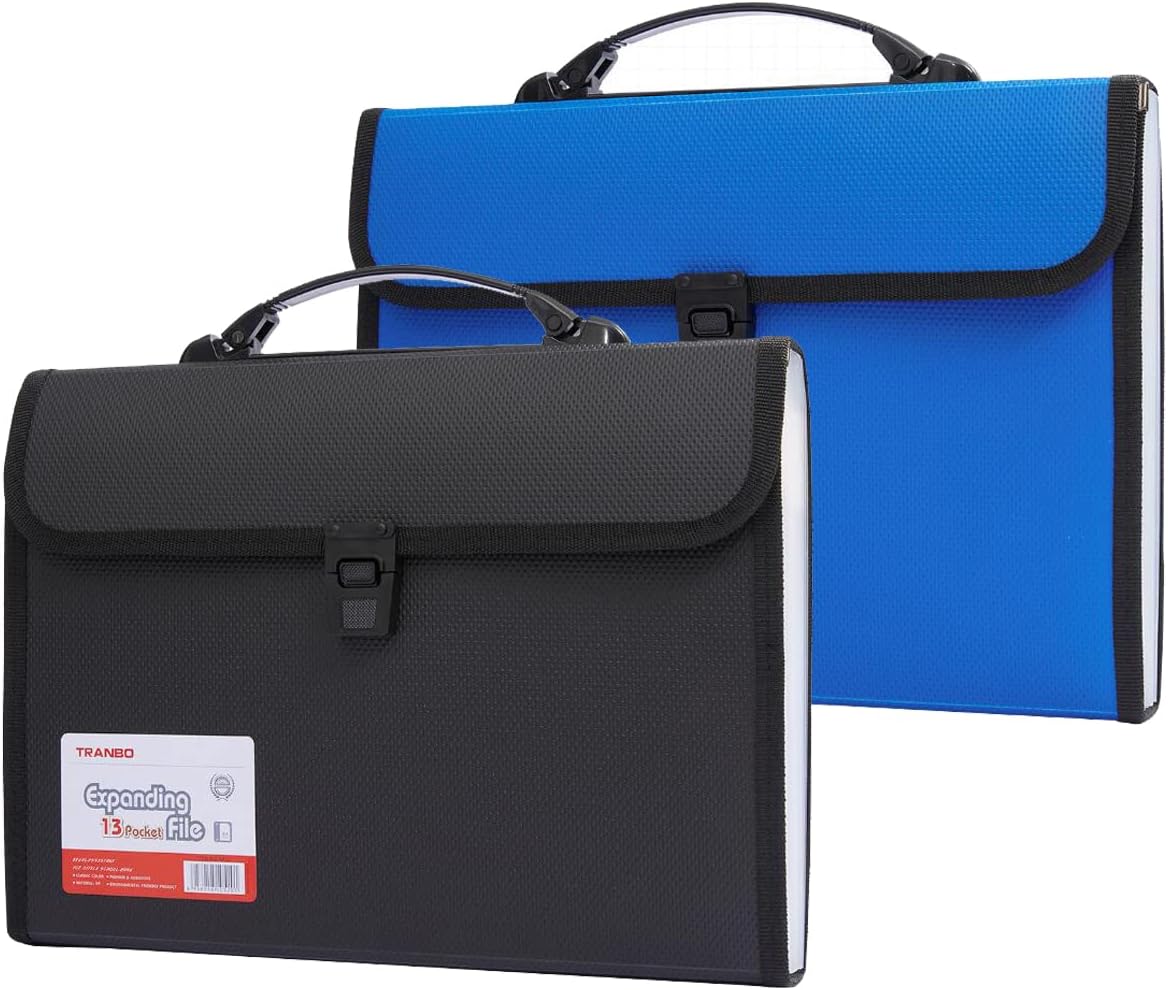 2 Pack Extra Large Legal Size/Foolscap 12 Pockets Accordion File Organizer with Handle, TRANBO Portable Expanding File Folder, Expandable Plastic Document Organizer for Travel School Office