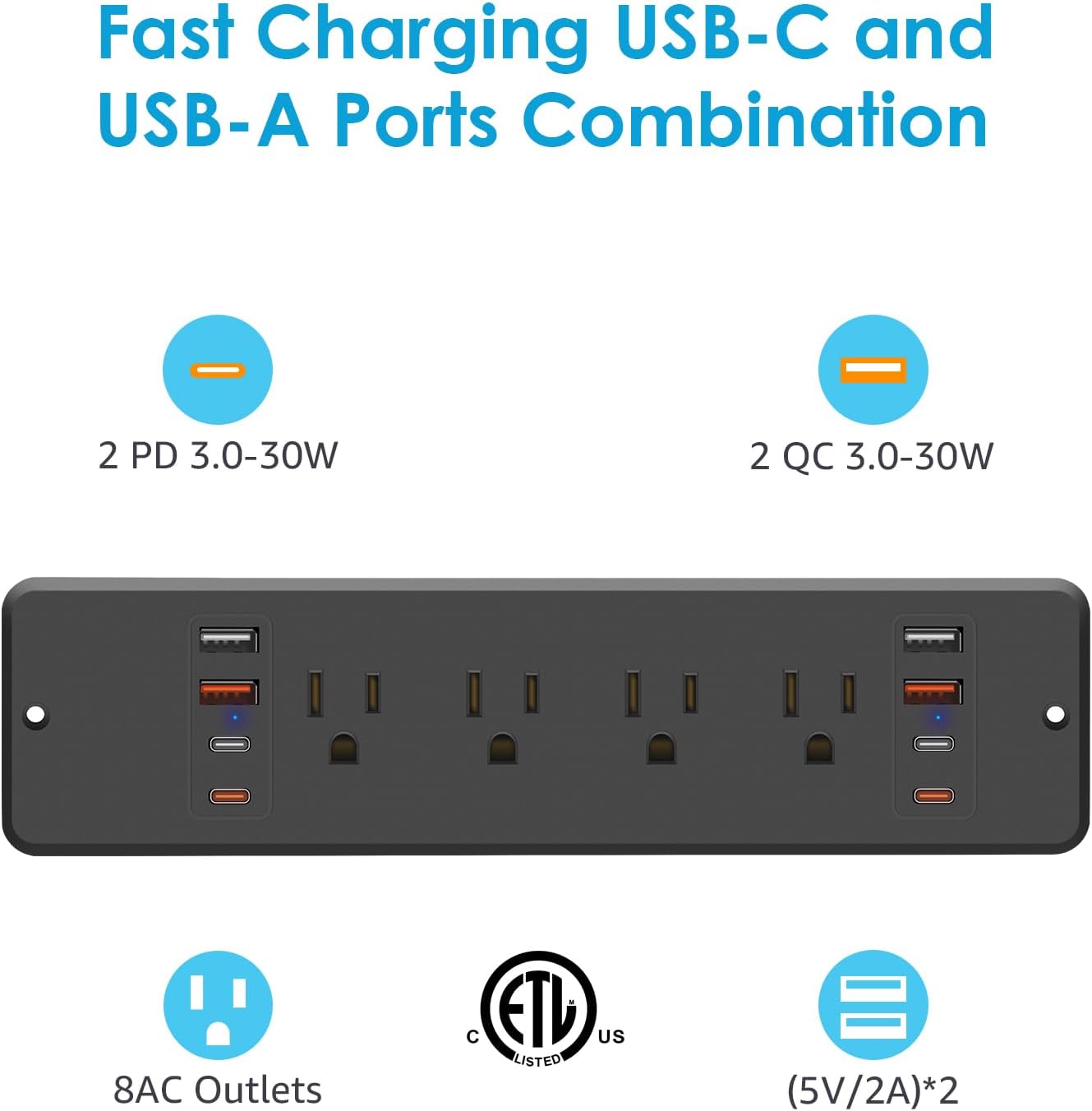 HHSOET 8 Outlet Recessed Power Strip, 30W Fast Charging Furniture Power Outlet USB C, Flush Mount Surge Protection Socket with 4 USB-A and 4 USB-C, 10ft Power Cord. (Black)
