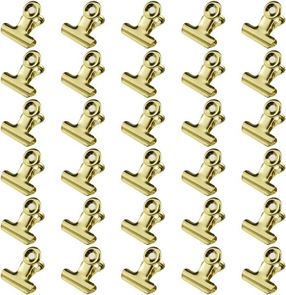 HAHIYO 0.87inch Light Gold Bulldog Clips Metal File Hinge Binder Clips Clamps Save Space Strong Spring Jaws Rock Solid Grip Book Lay Flat Deburred Edge for Hang Photos Wall Grid Dog Food 30PCS