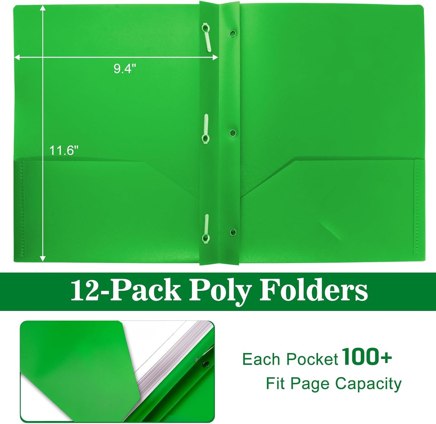 12-Pack Plastic Folders with Pockets and Prongs,2-Pocket Folders with 3 Fasteners, Poly Folders Holds 8-1/2" x 11" Paper for School/Office/Home, Green