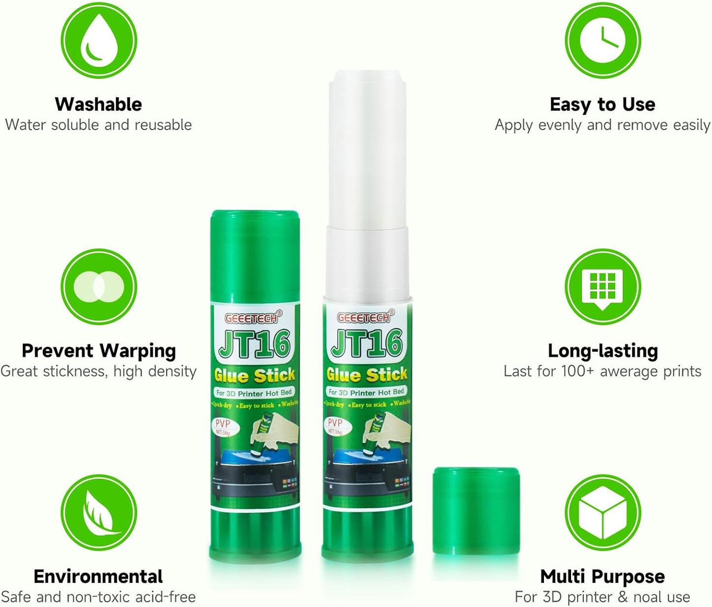 3D Printer Glue Sticks, 36 Grams Each PVP Solid Glue Sticks for Hot Bed Plate, Washable, Non-Toxic, Reduce Warping for PLA, ABS, PETG, HIPS, TPU Filament on PEI, Glass, Aluminum, Buildtak Board, 3Pcs