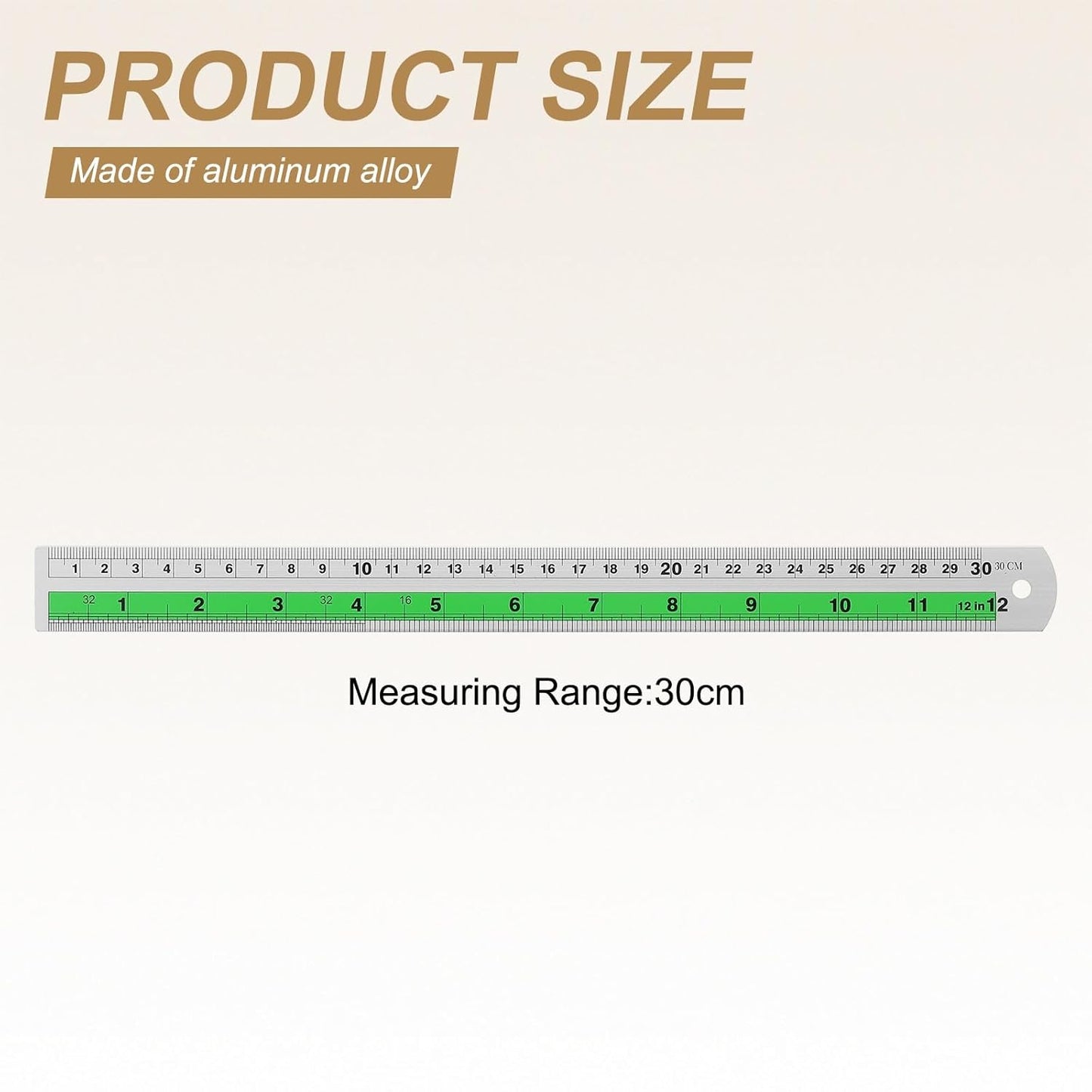 HARFINGTON 2pcs Metal Straight Ruler 30cm Metric SAE Aluminum Alloy Measuring Rulers Scale Tool with Hole for Measure Study Reading Classroom Office, Green