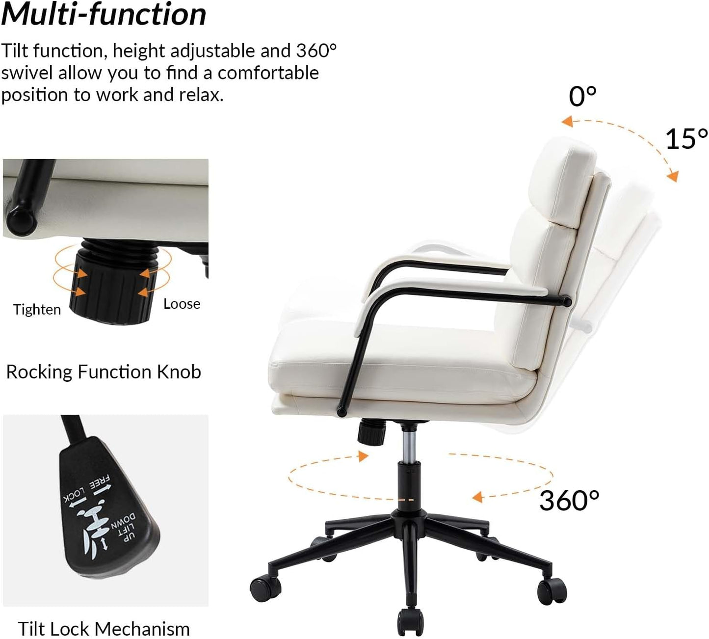 HULALA HOME Modern Faux Leather Home Office Chair with Tilt Lock & Metal Base, Desk Chair with Wheels & Padded Cushion, 360° Swivel Wide Seat Computer Task Chair, White